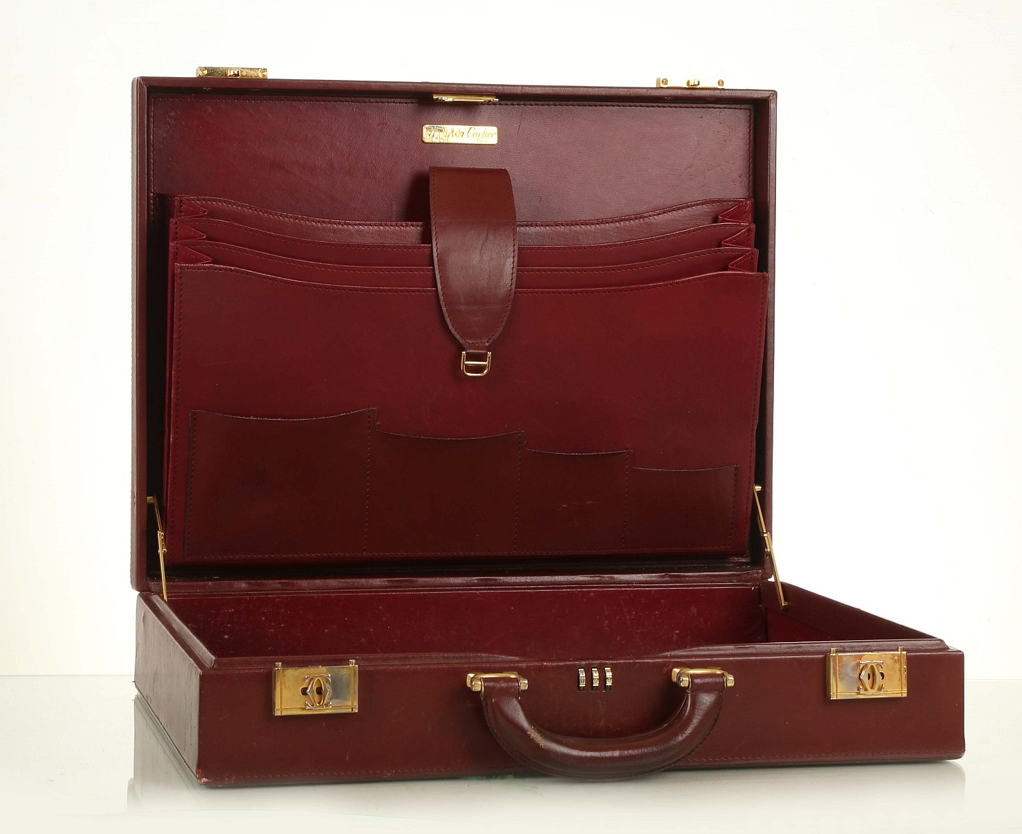 VINTAGE MUST DE CARTIER BRIEFCASE, burgundy leather with gilt metal