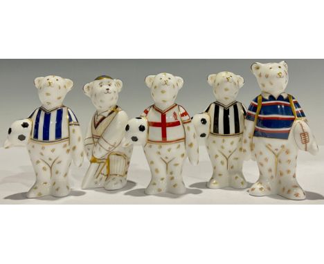 A Royal Crown Derby miniature bear sporting paperweight, England Footballer, number 6, printed mark in red, first quality; ot