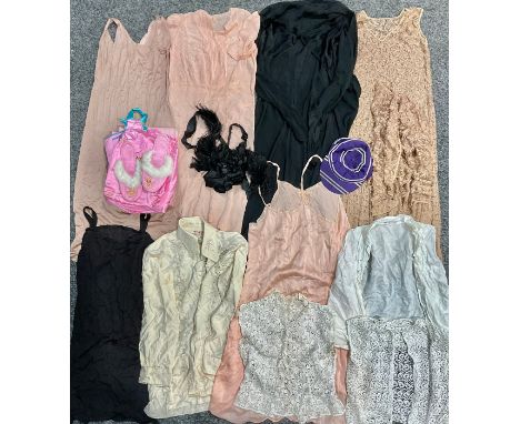 Vintage Fashion - a 1930's lace dress and jacket; lace blouses (2); a peach silk slip; a Chinese silk shirt; a linen blouse; 