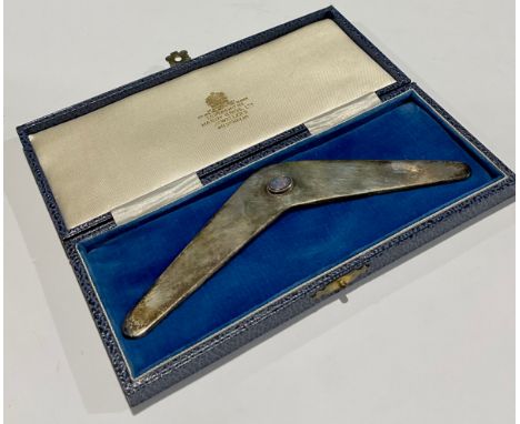 A silver miniature presentation model, of a boomerang, set with opal, Hardy Bros. Ltd., Australia, marked STG SIL, 15.5cm lon