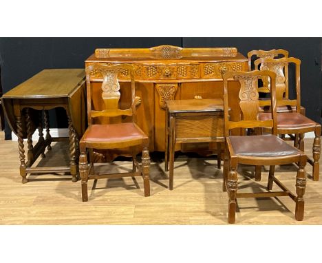 An Art Deco style sideboard, by Validity Furniture, London; an oak barley twist gateleg dining table; a set of four dining ch