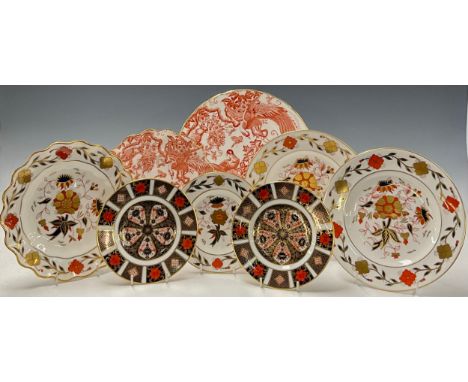 A pair of Royal Crown Derby Imari 1128 pattern tea plates; two Red Aves pattern plates; four 8687 pattern Imari plates, all f