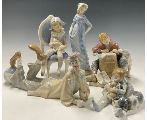 A Lladro figure, Love Letters; others, Little Harlequin, Reclining Clown, Sweet Dreams; a Nao figure, of a lady (5) 
