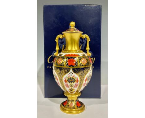 A Royal Crown Derby Imari palette 1128 pattern pedestal two handled vase and cover, solid gold band, 20cm, first quality, pri