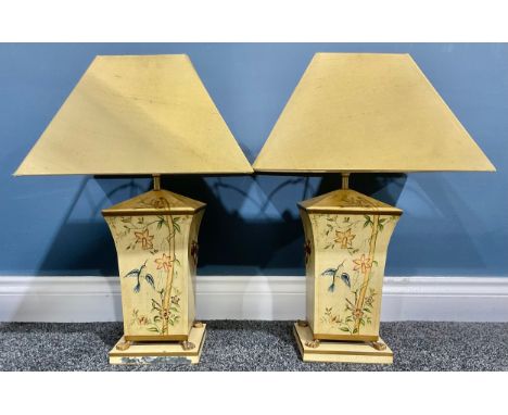 Interior Decoration and Lighting - a pair of contemporary toleware shouldered rectangular table lamps, decorated with humming
