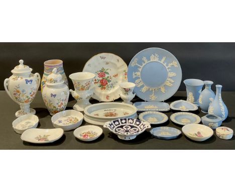 A Royal Crown Derby shaped circular plate, Derby Days pattern second; an Aynsley Cottage Garden pattern pedestal two handled 