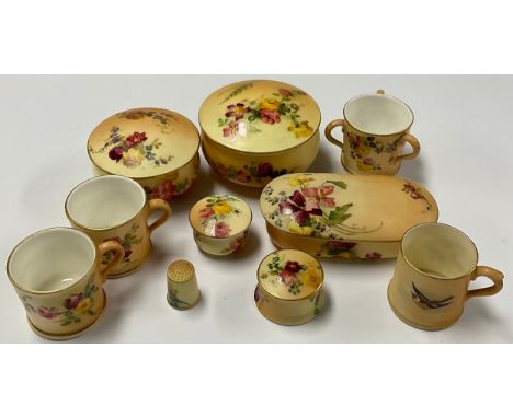 A Royal Worcester blush ivory circular box and cover, decorated with flowers, 7.5cm diameter, printed marks in puce, date cod
