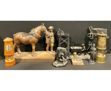 Coal Mining Interest - a miner's lamp, The Protector, Eccles Manchester, in carry case; a folk art type wooden model miner's 