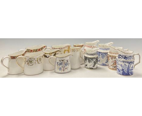 A collection of Royal Crown Derby cream jugs, various shapes, including Mikado, Blue Aves, Red Aves, Olde Avesbury, Black Ave