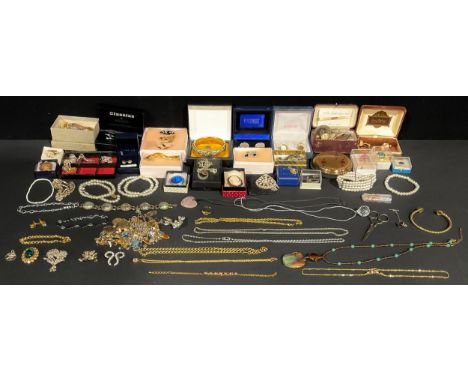 Costume Jewellery - a gilt metal hinged bangle, boxed; gold plated cuff links; gold plated portrait pendants; collar studs; a
