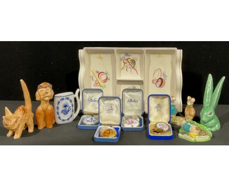 A Beswick Kitty MacBride model, Strained Relations, 2532; another, Lazybones, 2530; a Sylvac poodle, hare and cat; a Poole ho