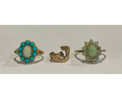 A 9ct gold turquoise and opal flowerhead cluster ring, size P, marked 375, 3.6g; a 9ct gold polished jade flowerhead ring, si