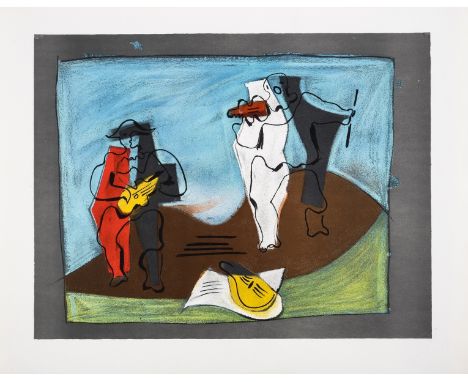 Pablo Picasso (1881-1973) after.Projet pour le rideau du ballet Mercure: Arlequin jouant de la guitare et Pierrot jouant du v