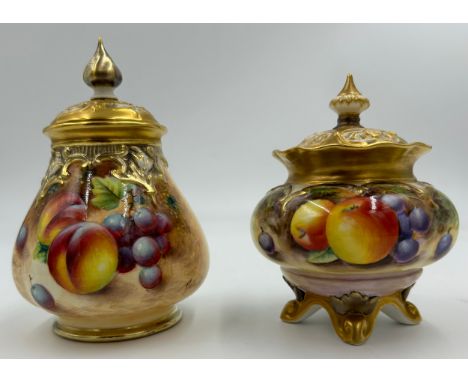A Royal Worcester pot pourri lidded vase half decorated with fruit and moss background signed Roberts, black base mark H291A 