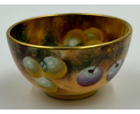 A Royal Worcester miniature sugar bowl decorated with fruit by Roberts. 5.1cm.