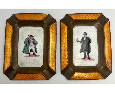 A pair of copper and enamel ashtrays depicting gentlemen in 19thC costume with orange guilloche enamel border. 9cm x 7cm.