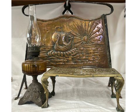 Brassware to include copper Arts &amp; Crafts fire screen with Viking ship at sea 64cm x 58cm, brass kettle/pan stand with pe