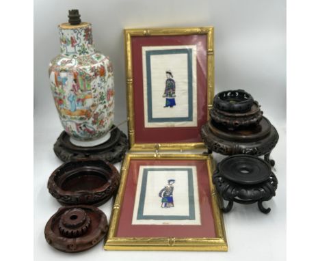 A selection of oriental items to include a famille rose vase adapted into a lamp base 32cm h, two framed hand painted images 