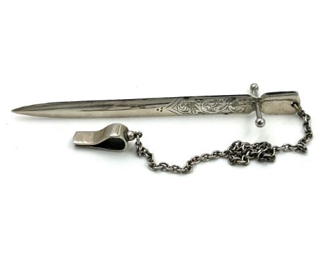 A hallmarked silver letter opener on suspension chain in the form of a sword. Birmingham 1904, maker Ahronsberg Brothers. Len