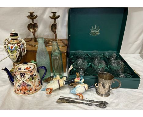 A miscellany to include 6 x Coronet hand cut wine glasses in box, a pair of brass Cobra Snake candleholders, 2 x Victorian bo
