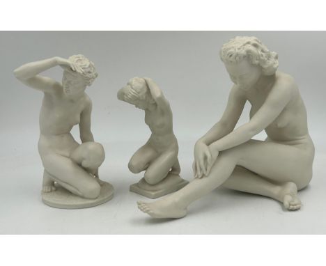 Three bisque porcelain female figurines with Hutschenreuther Selb Germany Kunstabteilung backstamps. The largest with C. Wern