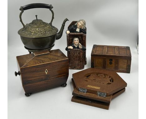 A miscellany to include a tea caddy on bun feet with twin compartments to the interior and bone knops, a miniature oak chest 