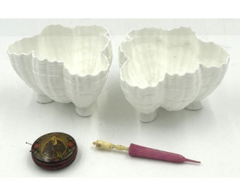 A miscellany to include a tartan pin cushion, a carved bone stanhope, 10cm in the form of a parasol needle case with sight fr