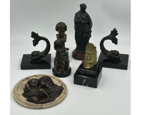 A collection of bronze, brass and metal figures to include a pair of heavy dolphins on metal bases, a bronze  'Boy with Thorn