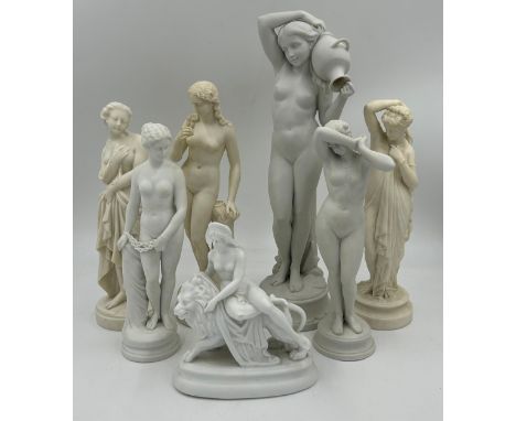 Seven various bisque classical figures. Tallest 39cm  and smallest with lion 18cm h. No marks to bases. (7)