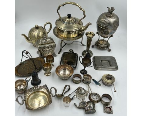 A quantity of silver plated items to include egg coddler, kettle, inkwell, hip flask, napkin ring etc.