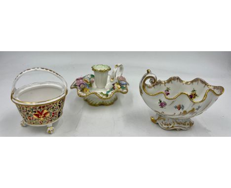 Ceramics to include Meissen shell dish, Coalbrookdale by Coalport chamber stick and a Crown Derby dish with Stevenson and Han