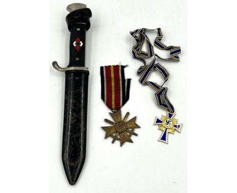 WW2 German Youth Dagger with RZM Eickhorn Solingen M 7/66 on a single edged blade (14cm) in a metal scabbard with leather str