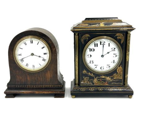 A Chinoiserie lacquered mantle clock with enamel dial and Arabic numerals 18cm h together with a French mantel clock.