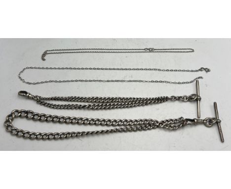Two hallmarked silver watch chains together with two sterling silver chains. Total weight 71.4gm.