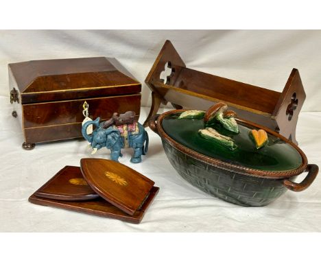 Various items : an inlaid tea caddy with bun feet and ring handles, a book trough, an extendable book slide, a vintage Tellur