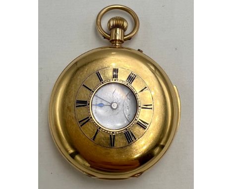 An 18 carat gold half hunter minute repeater chiming pocket watch with subsidiary seconds dial. Thomas Russell & Son 78665 to