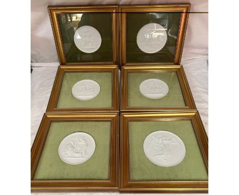 Six Royal Copenhagen biscuit porcelain circular plaques, circa 1963, after Bertel Thorvaldsen, comprising Day, Night, Spring,