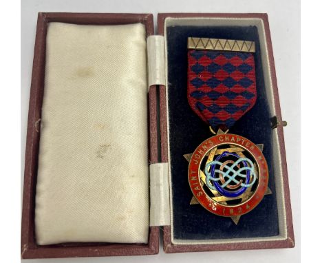 A hallmarked silver and enamel Masonic jewel in original silk lined presentation box. Saint John’s Chapter No. 325. 1824.Birm