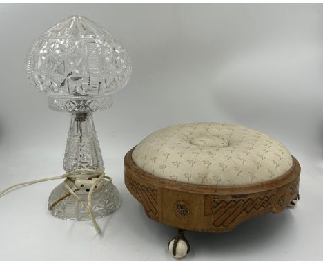 An inlaid foot stool with ball and claw feet 31.5cm d together with a crystal cut glassware mushroom top table lamp approx. 3