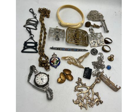 A miscellany to include French silver and enamel pin, Whitby jet pendant, snake bracelet, napkin holder etc.