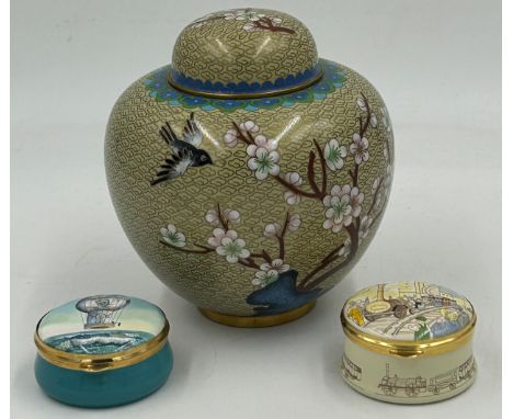 A Cloisonne oriental ginger jar together with 2 Staffordshire enamel pill boxes depicting a hot air balloon and Stephenson's 