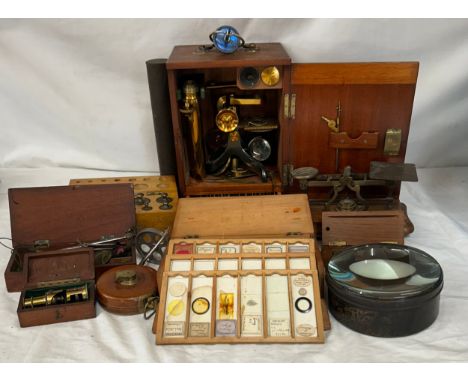 A Victorian Brass Bar microscope by Benn Frank's optician Hull and Hanley with microscopic specimen of from St Georges Hospit