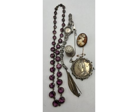 Jewellery to include shell cameo brooch mounted in 9 carat gold, 5.4gm, 2cm x 2.5cm, Accurist watch, silver thimble, purple p