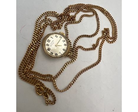 A 9 carat gold Rotary watch on a nine carat gold chain. Total weight 18gm. Chain 11.9gm, 90 cm length.