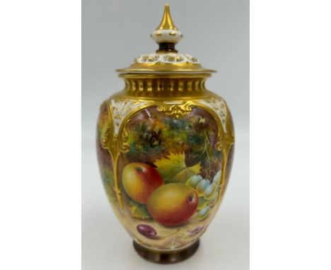 An ornate Royal Worcester vase decorated with fruit, signed H. Henry, Royal Worcester black factory mark to base and shape H1