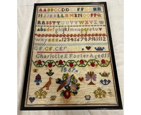 A framed sampler by Charlotte E Foster Aged 11 1869, frame 42 x 31cm.