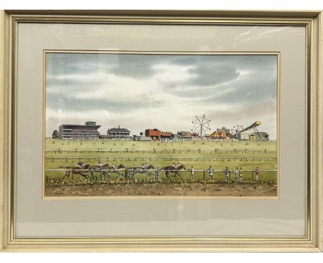 A watercolour of Doncaster Racecourse and fair 1988 by S. Chapman signed bottom left, exhibited at the Smiths Art Gallery Bri