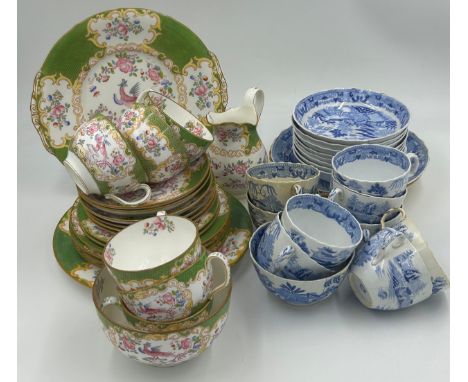 A Minton Green Cockatrice pattern part tea/dinner service - with pink factory marks and iron red painted 4863 pattern no comp