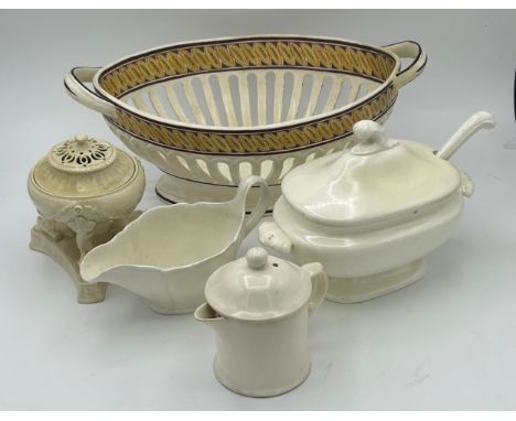 A group of early 19th century creamware pieces, c. 1810. To include a chestnut basket, a sauce tureen and ladle, a small lidd