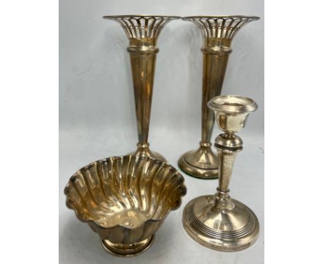 Hallmarked silver to include two vases with weighted bases, Sheffield 1910, 18cm h, candlestick, Birmingham 1909 and a .925 s